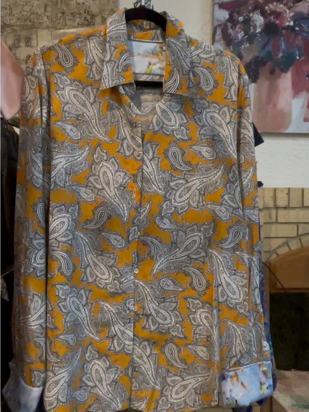 Robert Graham Yellow and Gray Paisley Button-Up Blouse
